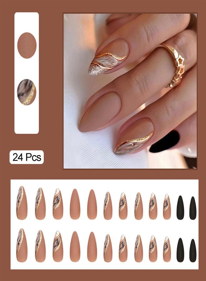 TOGZOM Almond Press on Nails Medium Fake Nails Nude False Nails with Designs Gold Glitter Line Glue on Nail Marble Full Cover Acrylic Nails Brown Matte Stick on Nail for Women 24 Pcs - Image 4